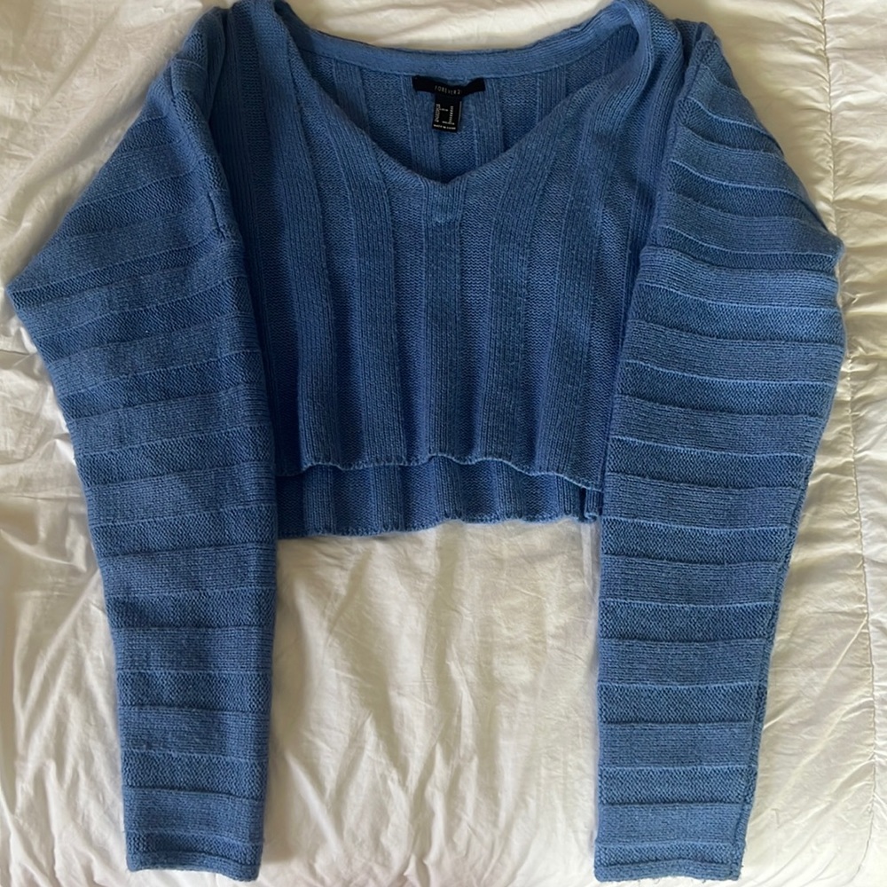 Forever 21 Blue Cropped V-Neck Sweater.